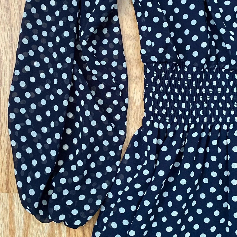 Lauren Ralph Lauren Polka Dot Chiffon Midi Dress Smocked Waist Navy Size 12 - Picture 12 of 14
